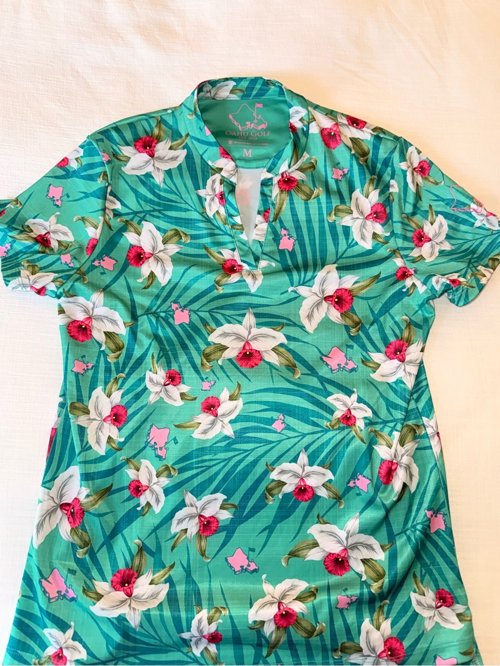 OGA Oahu Golf Apparel Women’s Teal Floral Golf Polo Hawaiian Styled Polo